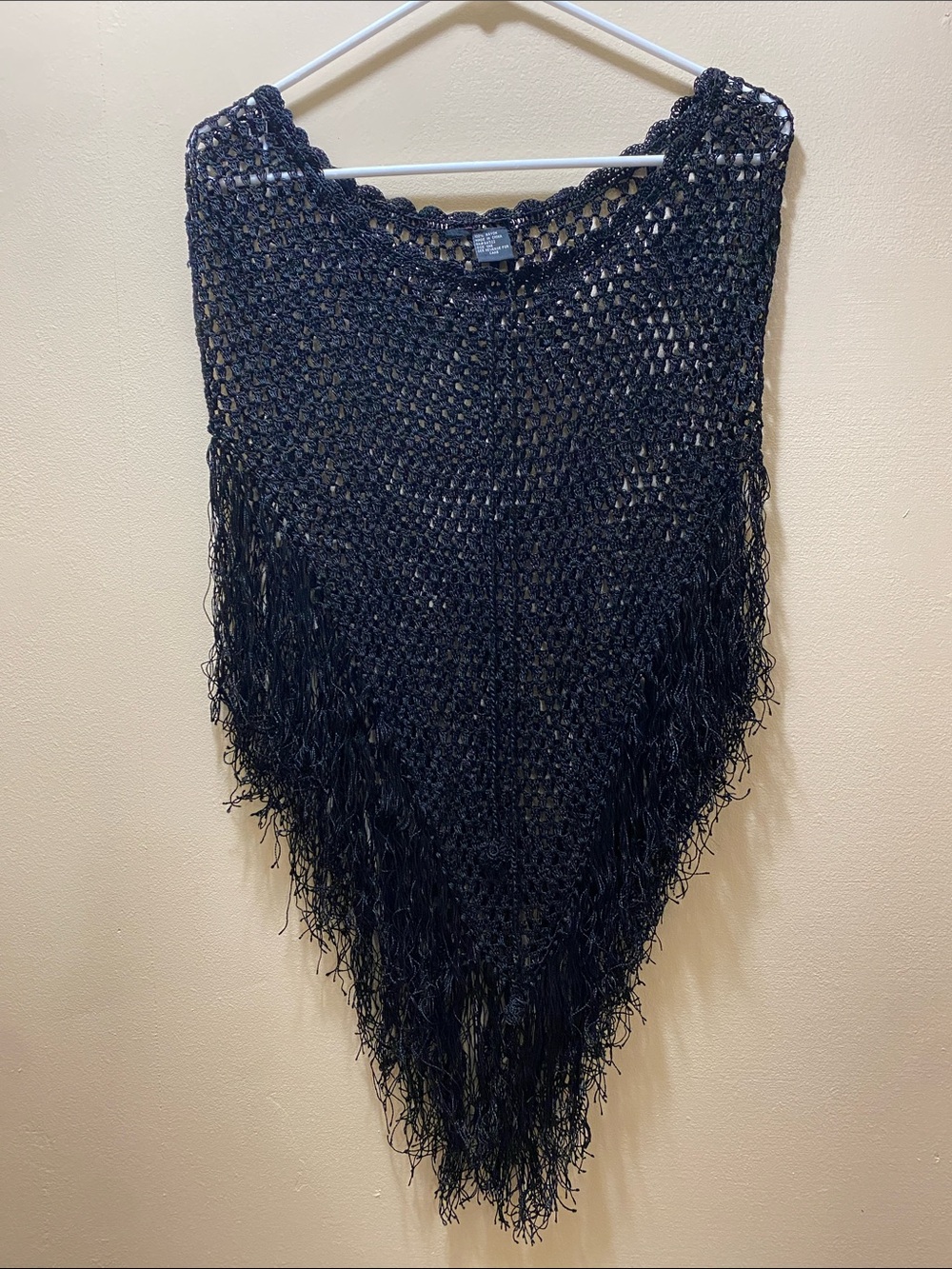 Black Crochet Fringe Poncho with Scalloped Neckline Tie-Front Whimsigoth Party